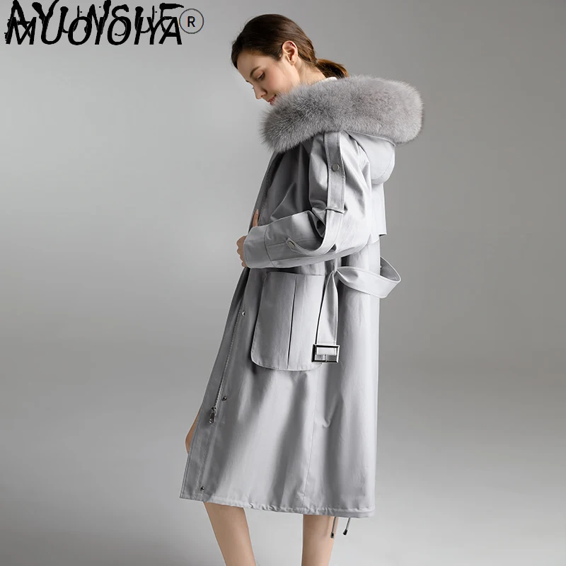 

Winter Clothes Women Fur Coat 2021 Natural Fox Fur Collar Hooded Rex Rabbit Fur Coat Female Warm Long Woman Parkas 9118