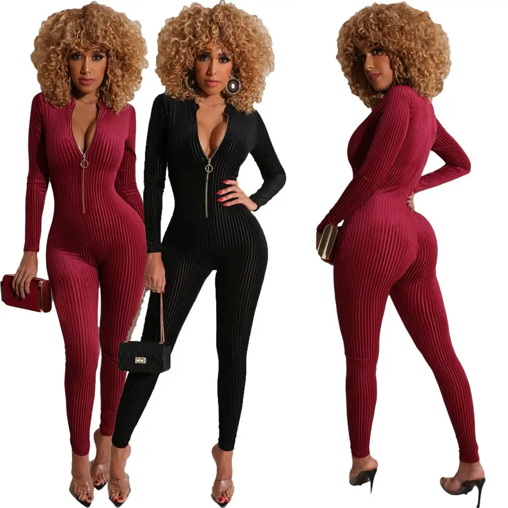 Autumn Winter Women Jumpsuits V-Neck Zipper Full Sleeve Sexy Rompers Night Club Party Outfits Casual Bandage One Piece | Женская одежда
