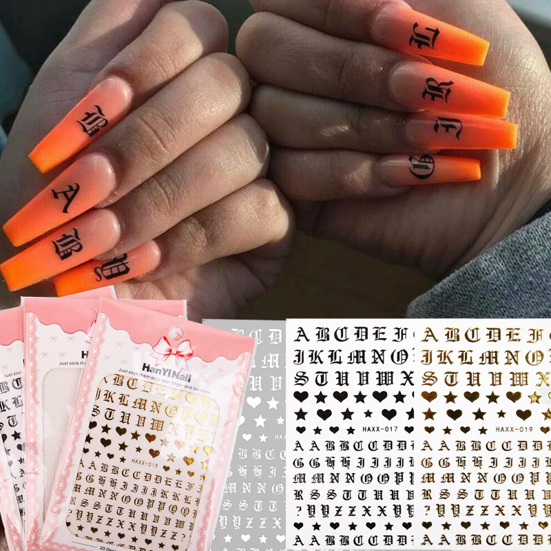 

1 Sheet Letter Nail Art Sticker Decals Gold Letters Black Words Character DIY Nails Adhesive Stickers Decal 3D Nail Decoration