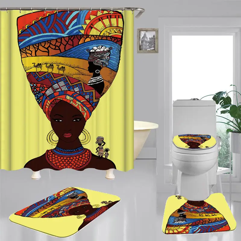 

African Woman Yellow Flannel Bath Mat Toilet Cover Rugs Fabric Shower Curtain With 12 Hooks Home Bathroom Decor Set