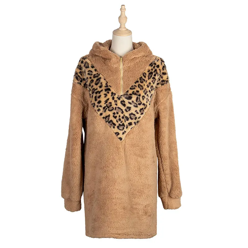 

2020 New Leopard Patchwork Plush Hooded Dress Women Autumn Winter Full Sleeve Above Knee Oversize Dress
