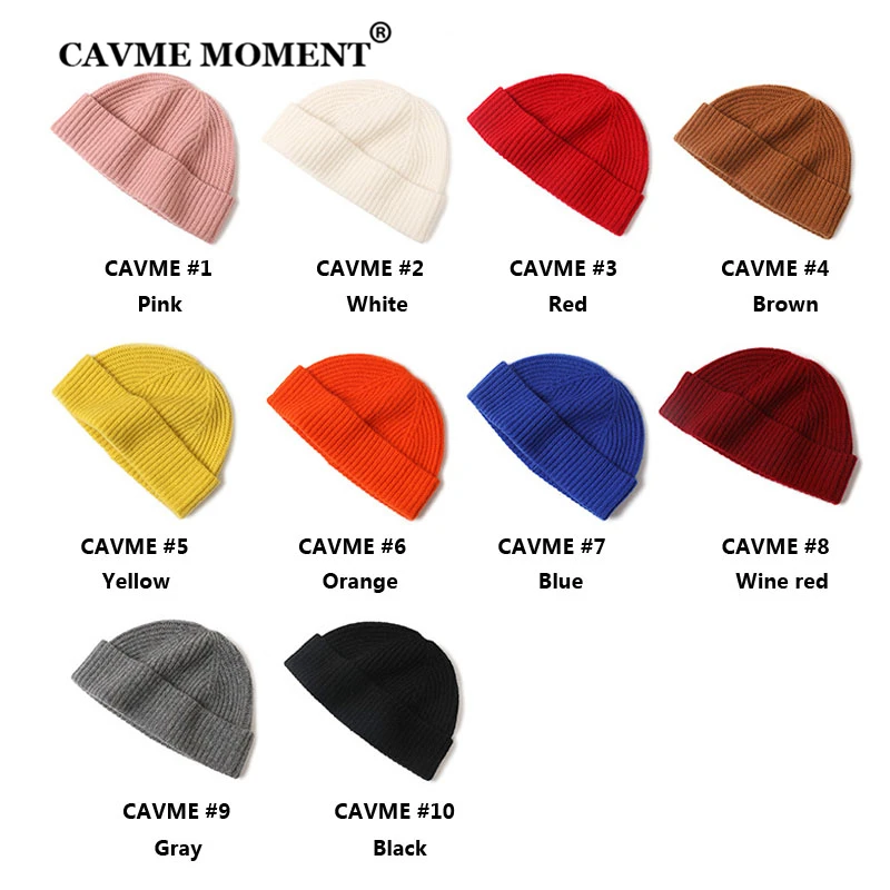 CAVME Pure Cashmere Skullies Beanies Caps Hats Unisex Casual Hats Solid Color for Women Men's Winter Hats