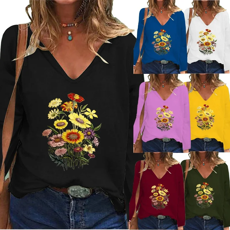 

Women Clothing Solid Color Fashion Printing Graphic Tee Autumn and Winter Long Sleeve V-neck Pullover Loose Shirt Casual Tops