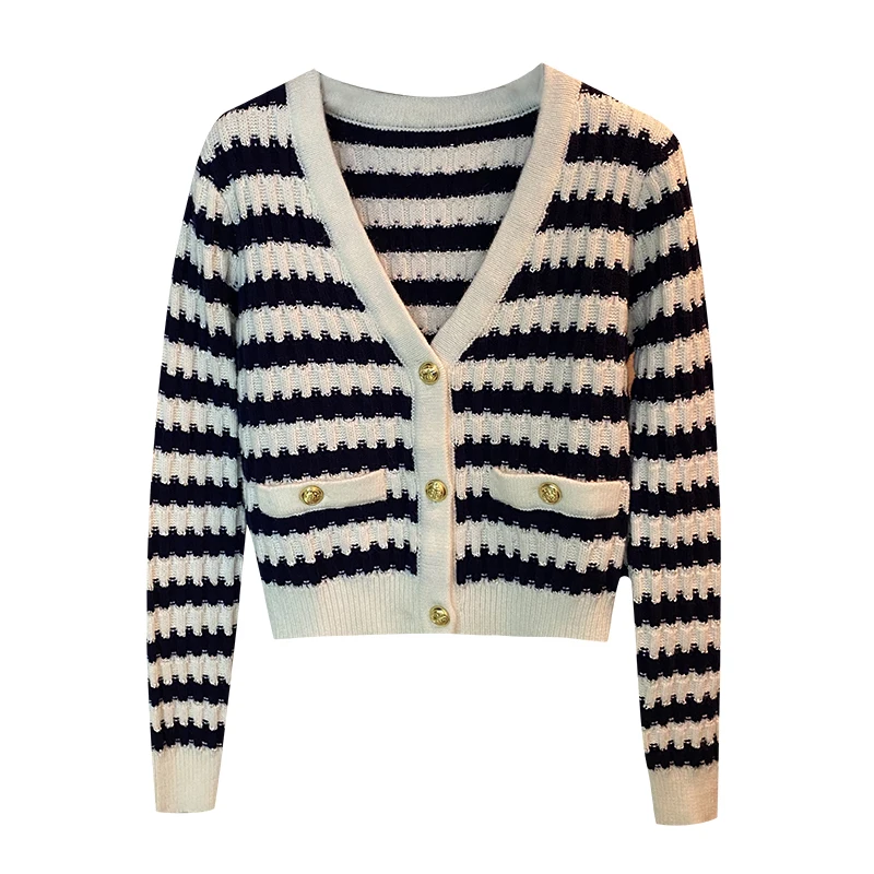 

2021 New Women's stripe short knitted cardigan V-neck open chest slim sexy long sleeve sweater