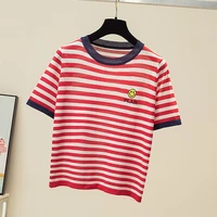 summer new knitting t shirts women short sleeve o neck loose thin tee t shirt female embroidery striped simple casual tops femme