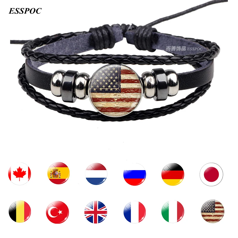 

National Flags USA Russia Spain Charm Bracelet Bangles Leather Braided Rope Bracelet Punk Style Women Men Gift Wholesale