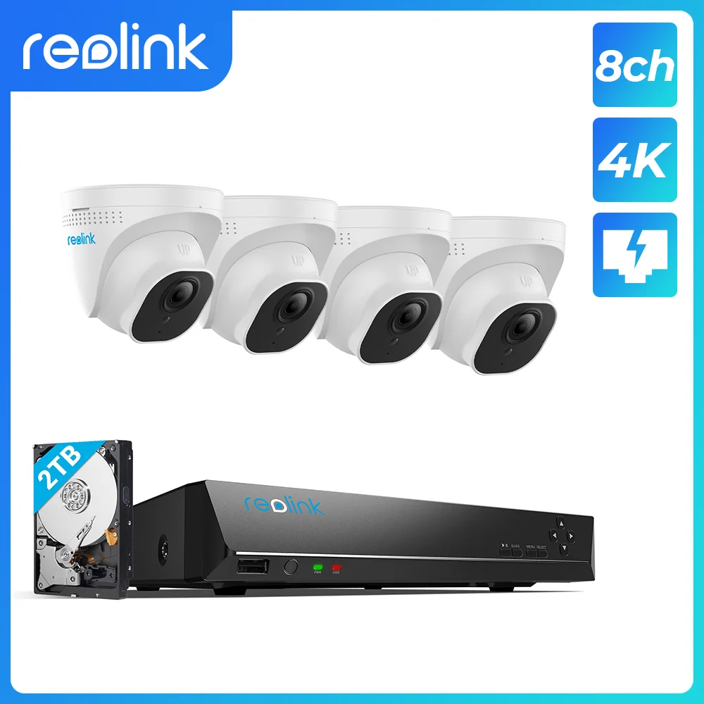  Система видеонаблюдения Reolink 4K, 8 Мп, 8 каналов, запись PoE, NVR, 4 камеры 4K ip-камеры с питанием по PoE s с жестким диском 2 ТБ, запись 24/7, RLK8-800D4 