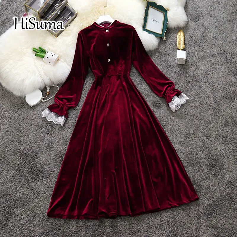Новинка 2020 зимнее женское шикарное бархатное платье-трапеция HISUMA с полувысоким