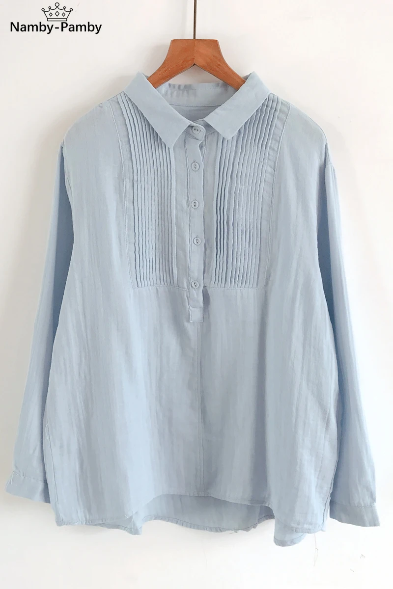 

Autumn New Female Temperament Organ Plait Minimalist Design Art Pure Color Double Female Long-Sleeve Cotton Shirt Women