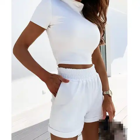 2020 Casual Women's 2 PCS Outfit Set Fitness Exercise Sport Set Solid Round Neck Short Sleeve Crop Top+ High Waist Short Sets