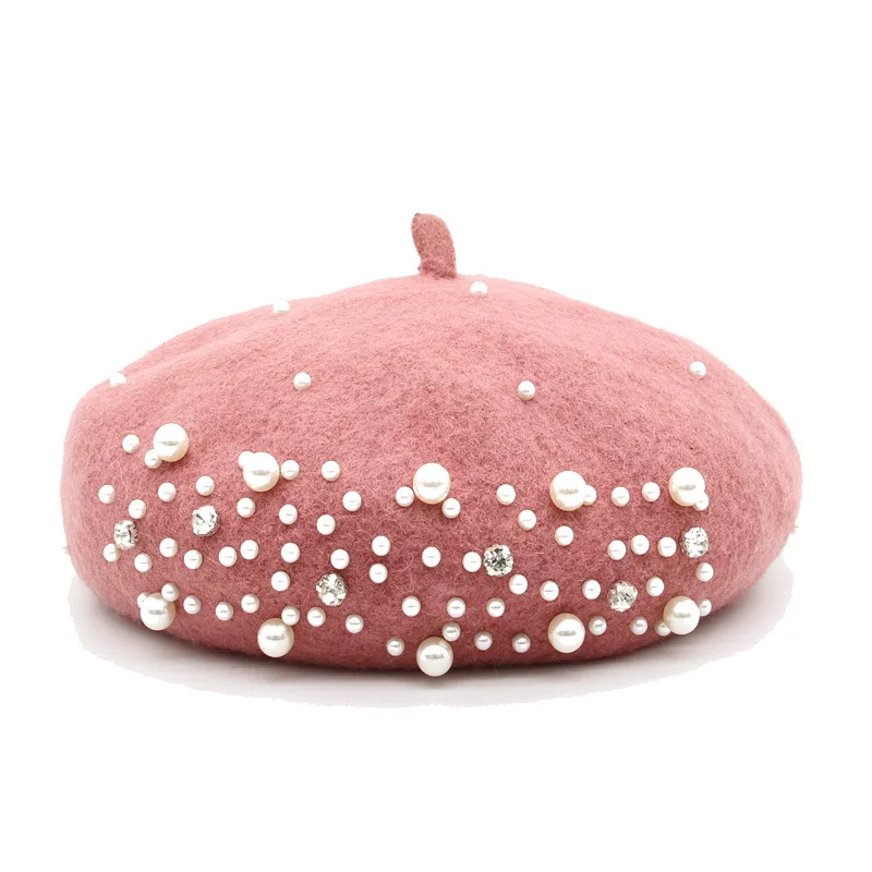 Женский Зимний берет теплая шерстяная шапка во французском стиле с жемчугом и