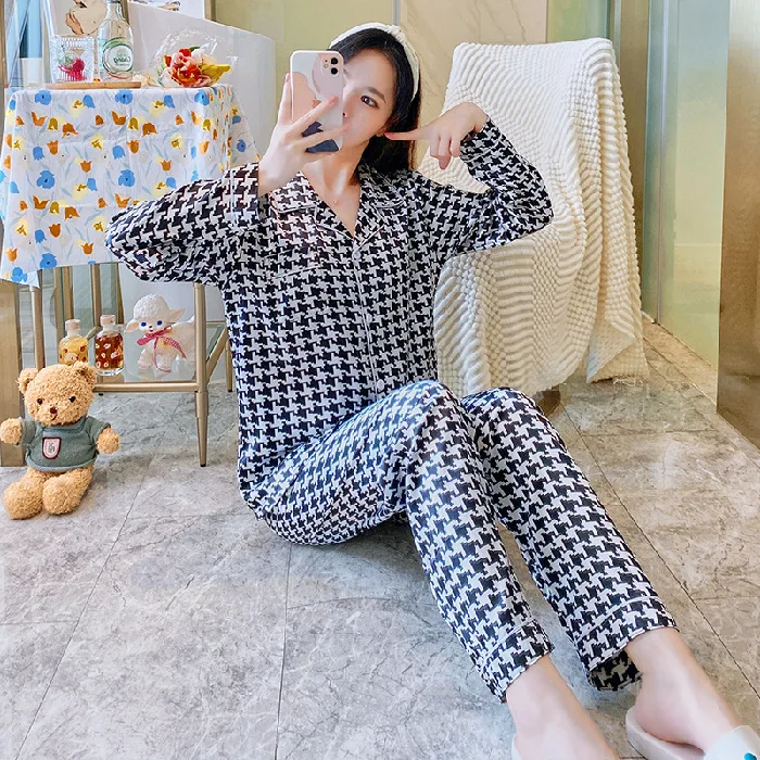 Women's Pajamas Ice Silk Long-sleeved Trousers Cardigan Suit Cute and Sweet Loose Plus Size Home Service Sexy Pjs Sleepwear