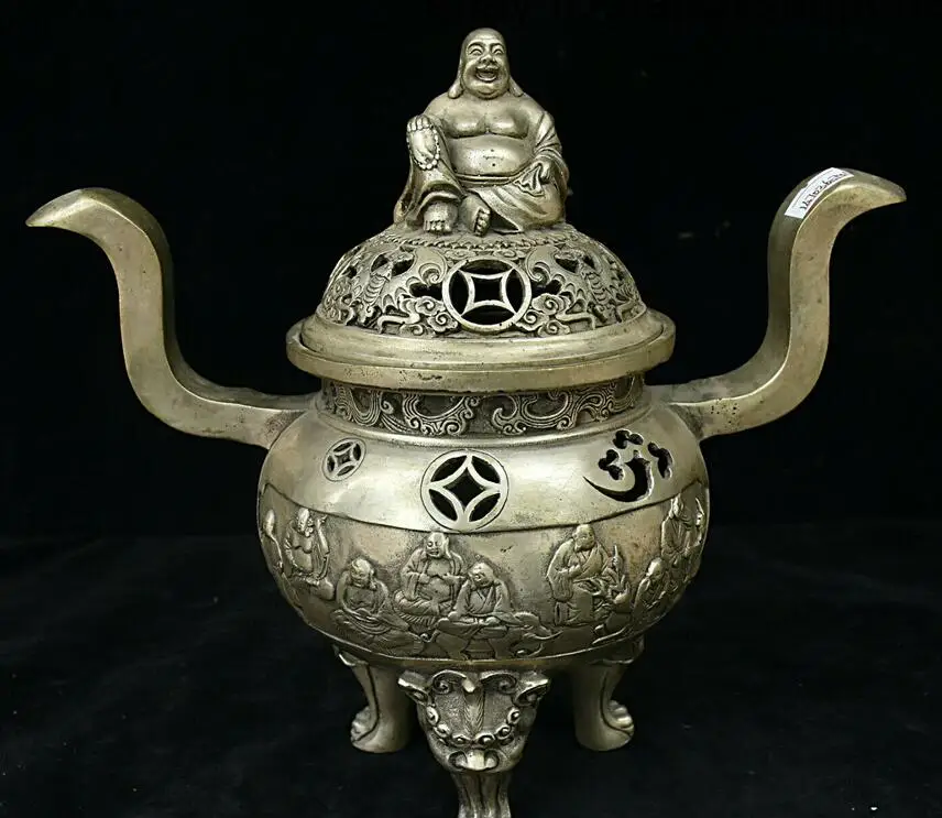 China White Copper Silver Maitreya 18 Arhat Buddha Incense Burner Censer Statue | Дом и сад