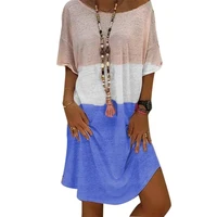 50 hot sales women casual summer o neck short sleeve color block loose knee length dress