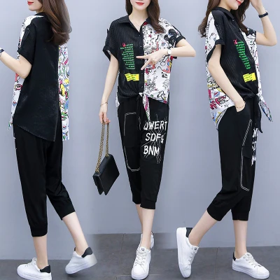 

Casual Women Plus Size Suits And Sets Letter Korean Tracksuit Survetement Femme Matching Sets Loose Two Piece Outfits Summer