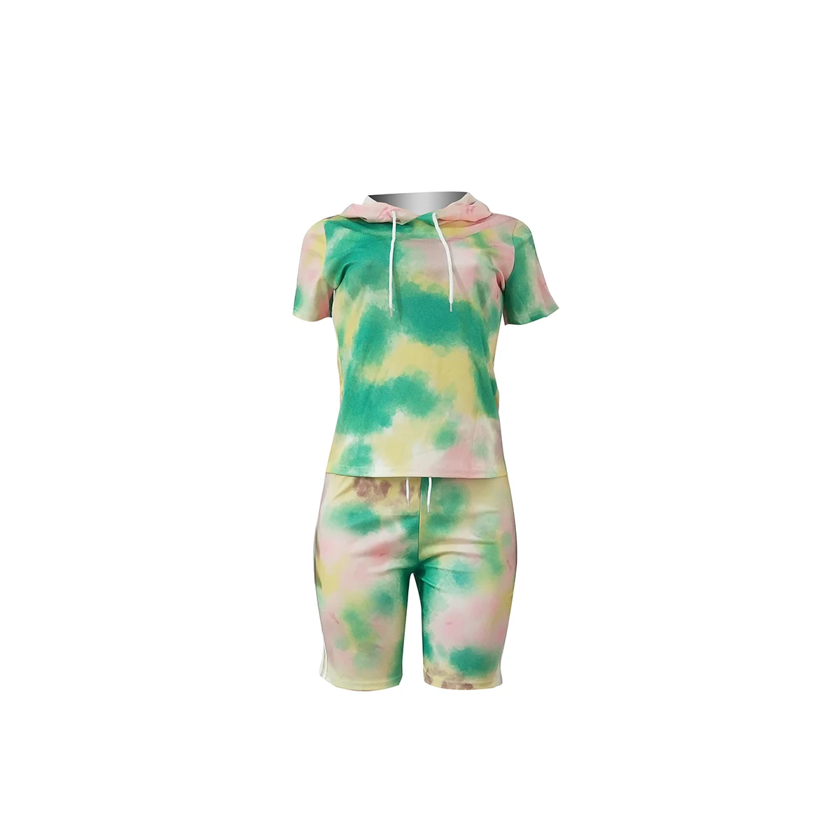 

Tie-dye Print Hooded Tracksuit New Summer Women's Short Sleeve T-shirt Shorts Suit Fashion Hoodie Tops and Tight Shorts Leggings