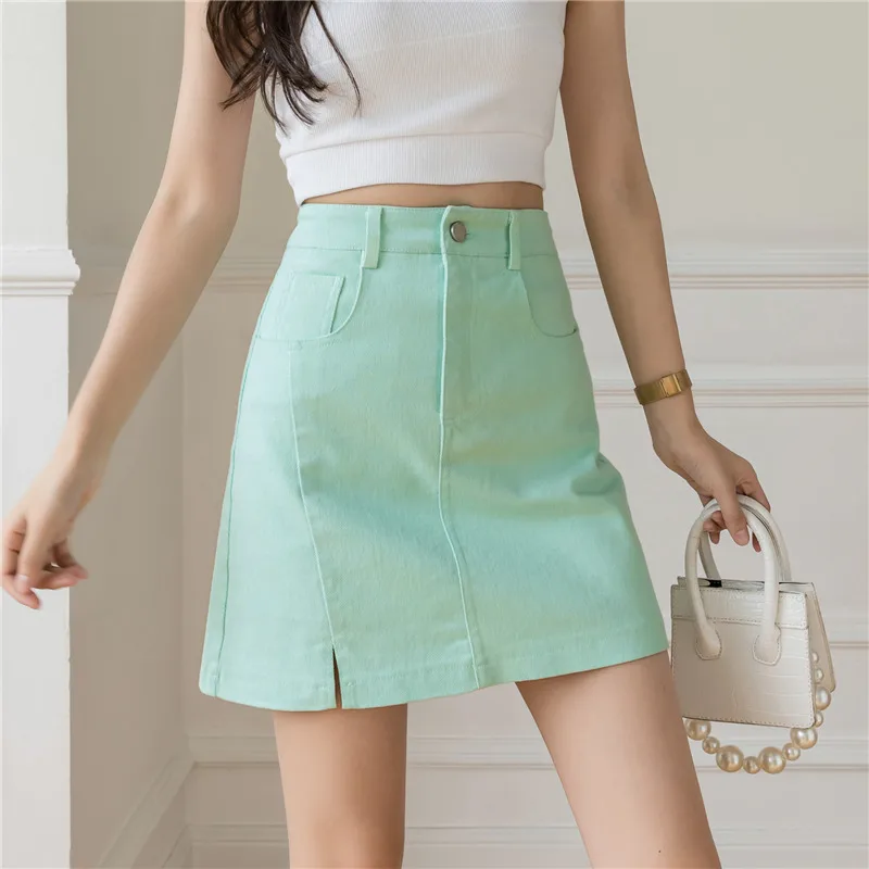 

Fashion Mint Green High Waist Washed Denim Skirt Women Casual A-line Short Skirts Female Chic Side Slit Mini Skirt Bottoms