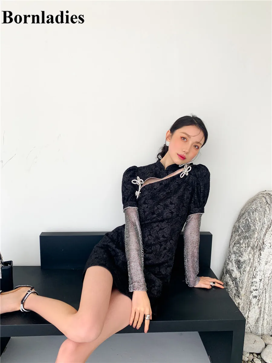 

Bornladies Cheongsam Hollow Out Blqck Mini Dress Women Puff Sleeve Tunic A Line Rhinestone Bow Long Sleeve Ladies Dress Desinger