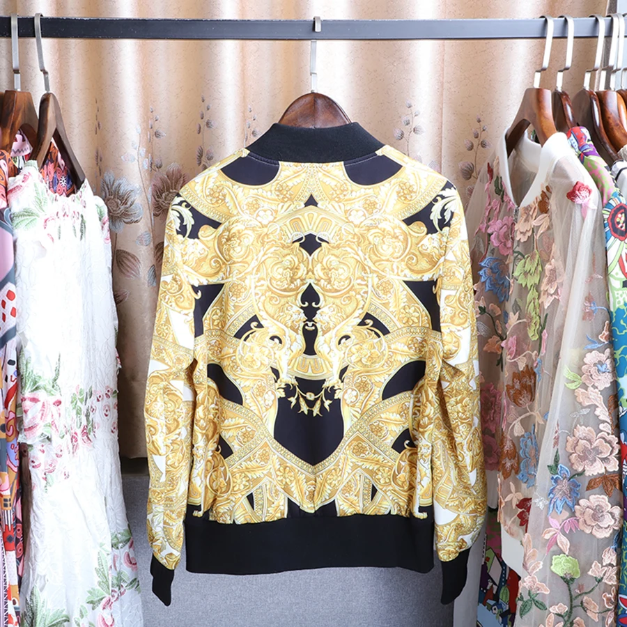 

Selling 2021 Autumn Hot Jacket Women High Street Golden Floral Print Stand Collar Lantern Sleeve Zipper Top On Sale