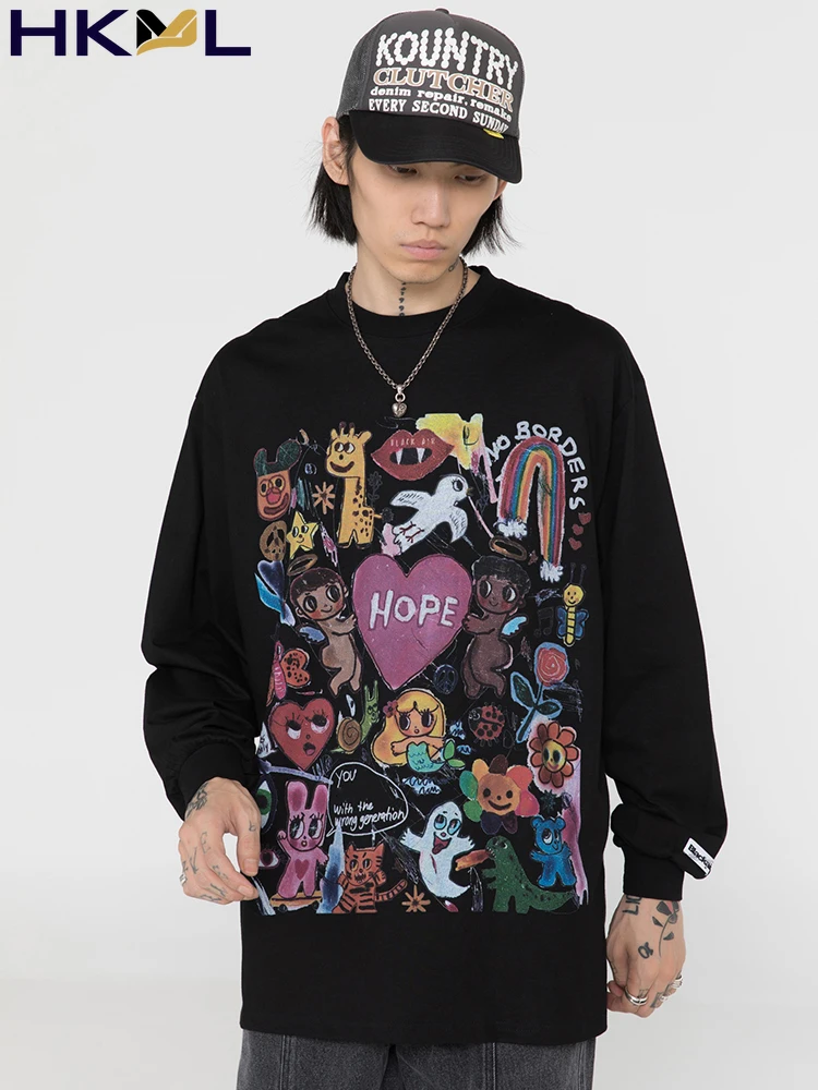 

Hip Hop Heart Rainbow Angel Print T-Shirts Streetwear Harajuku Cotton Tops Tees Autumn Men Oversize Long Sleeve Tshirts