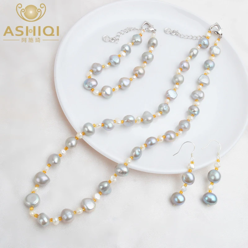 

ASHIQI Natural Baroque pearl Jewelry Sets Real Freshwater Pearl Necklace Bracelet 925 Sterling Silver Earrings Women New Arrival