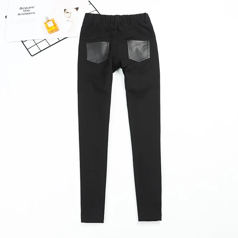 Stretch Real Leather pants Elastic Waist Genuine sheep Leather pant female Cloth Stitching Real Sheep Leather Pencil Pant F2370