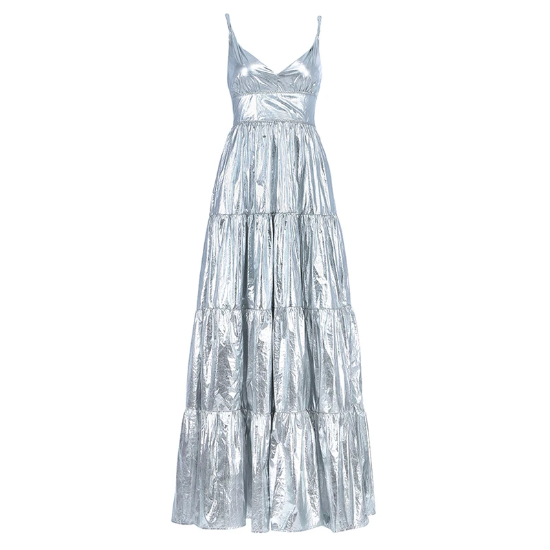 

Beateen 2019 New Fashion Vestidos Sexy V Neck Spaghetti Straps Women Party Silver Fabric High Waist Sleeveless A-line Maxi Dress