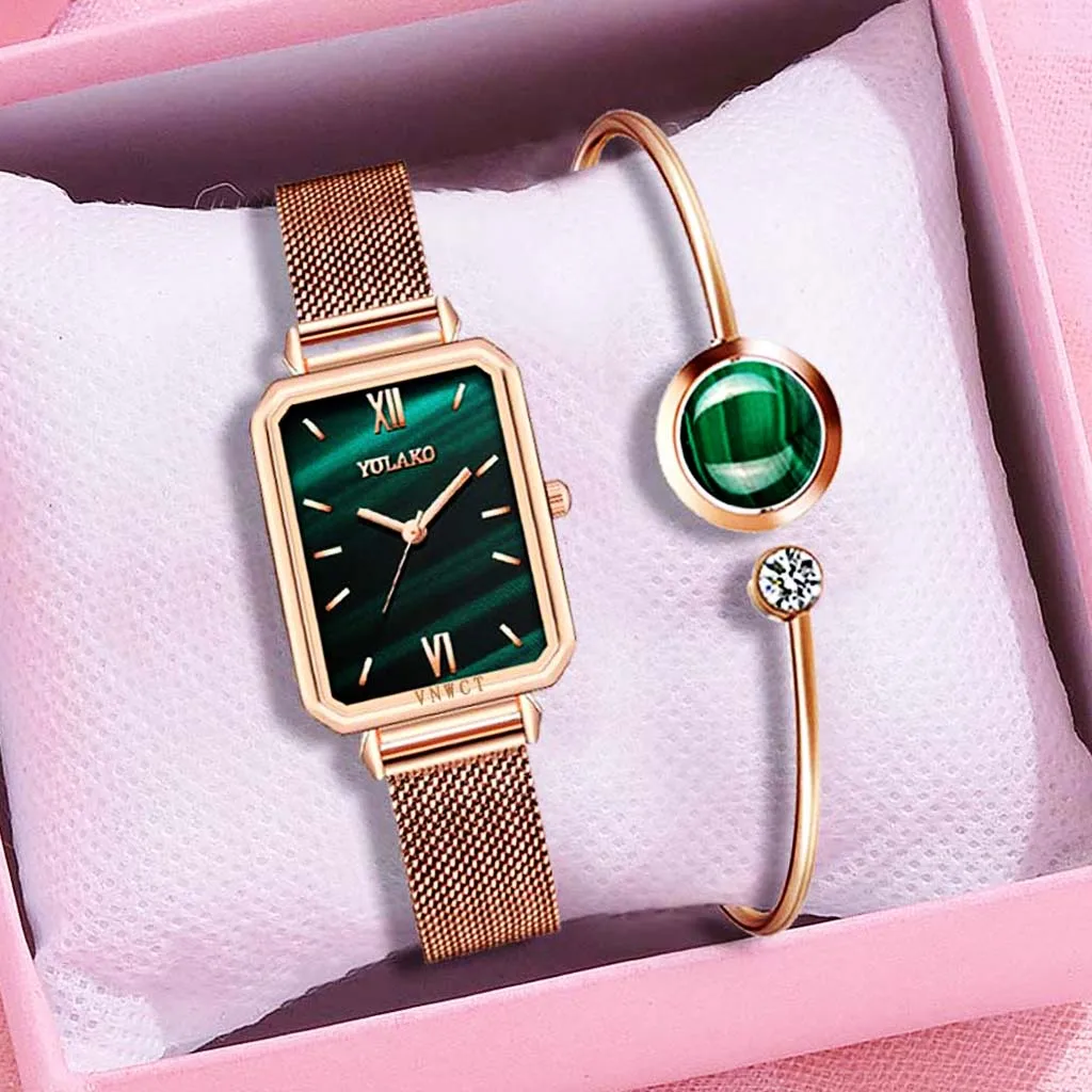 

Бренд INS женские часы модные квадратные женские кварцевые часы браслет набор зеленый Циферблат простой розовое золото сетка роскошные женс...