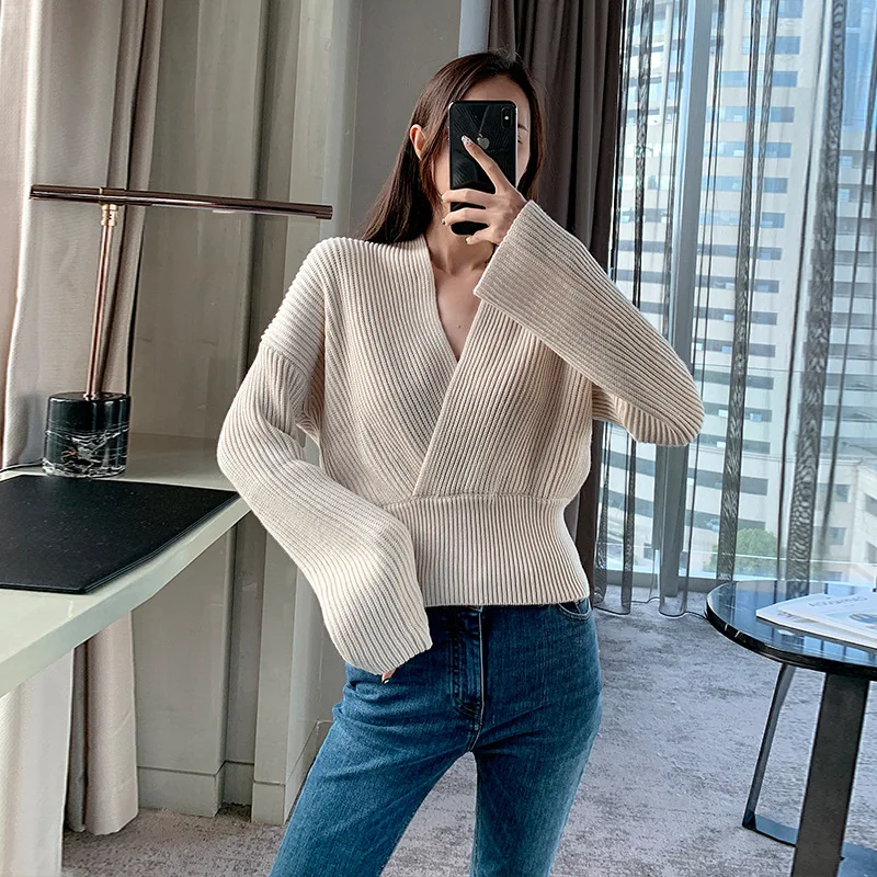 SINGRAIN Women Cross Knitted Sweater Winter Sexy V Neck Korean Fashion Warm Knit Tops Elegant Elastic Knitting Striped Pullovers | Женская
