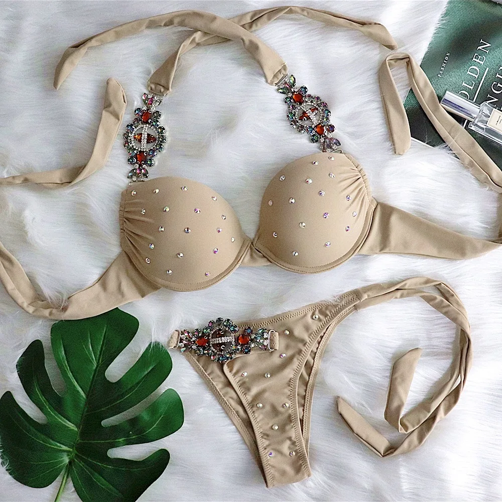 

New Halter Swimwear Rhinestone Diamond Silver Bikinis Women Swimsuit Sexy Crystal Push Up Swimwear Women Bathing Suits
