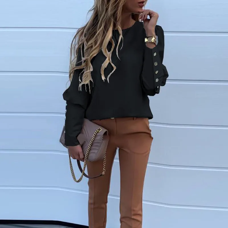 

Gold Button Blouse women long sleeve o neck top fashion blouses simple work business shirt 2020 new arrival tops