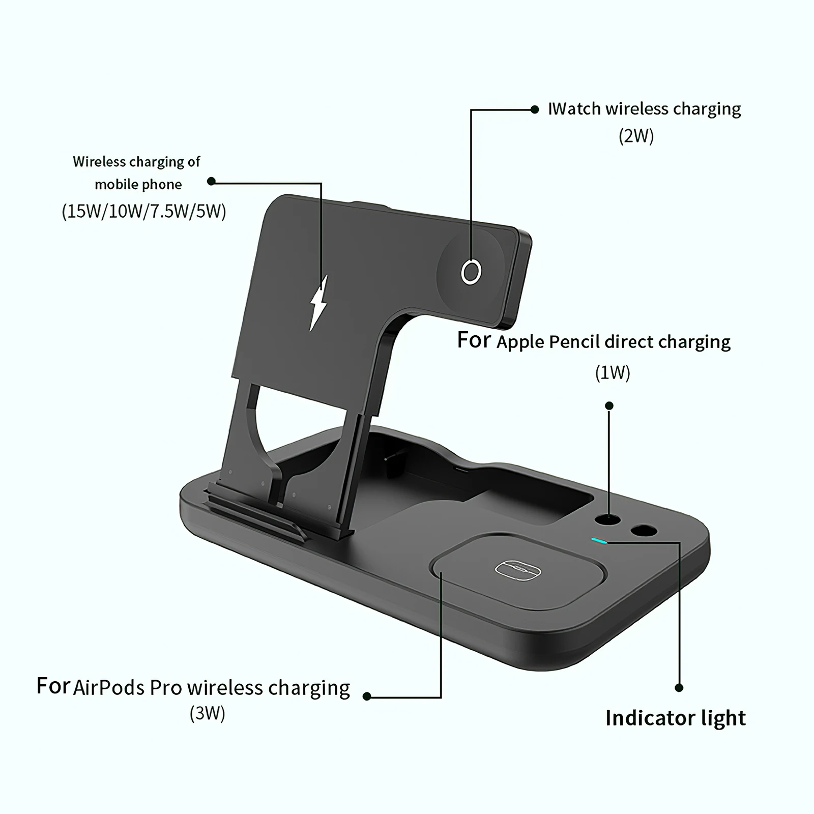 

3W 4-In-1 Wireless Charging Foldable Dock Induction Charger Charging Pad For Apple Pencil Airpod Iwatch