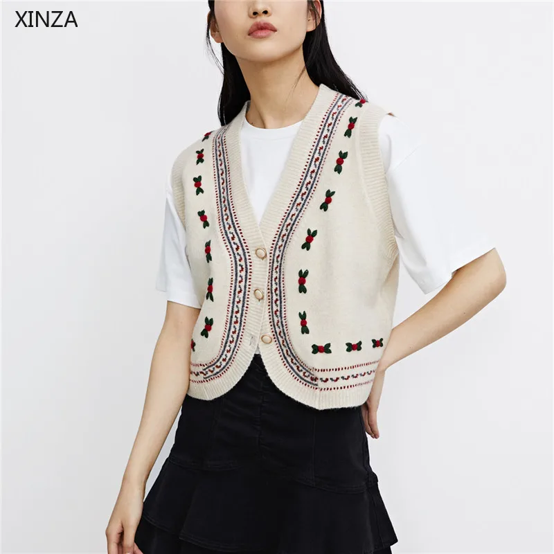 

Женский кардиган с вышивкой Za, элегантный вязаный свитер без рукавов с V-образным вырезом, осень 2021