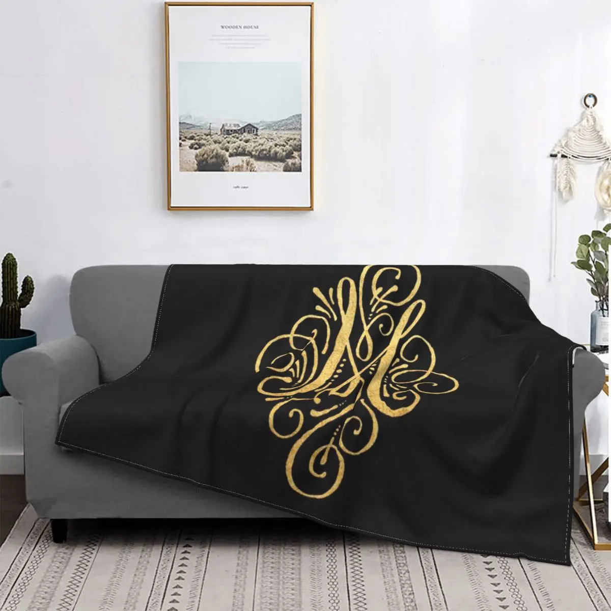 

Manta de letras M con monograma dorado, colcha de cama a cuadros, fundas de cama, mantas a cuadros, manta pickick
