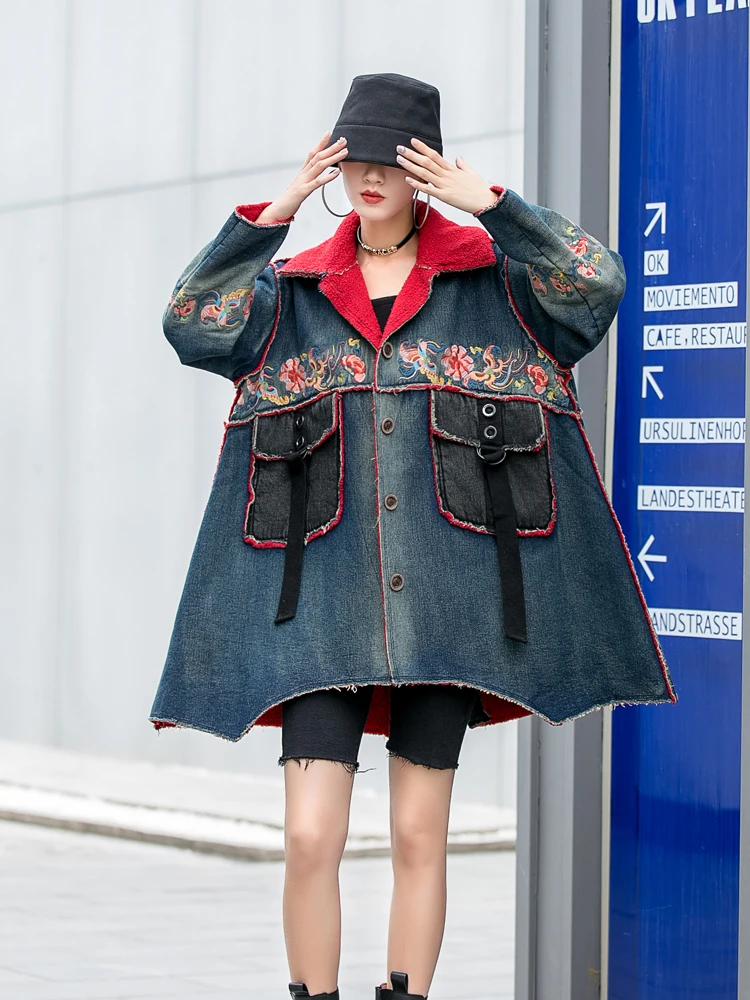 

В стиле ретро; В китайском стиле утолщенной старый джинсовая куртка женская зимняя обувь тяжелой промышленности вышивка из денима и бархат...