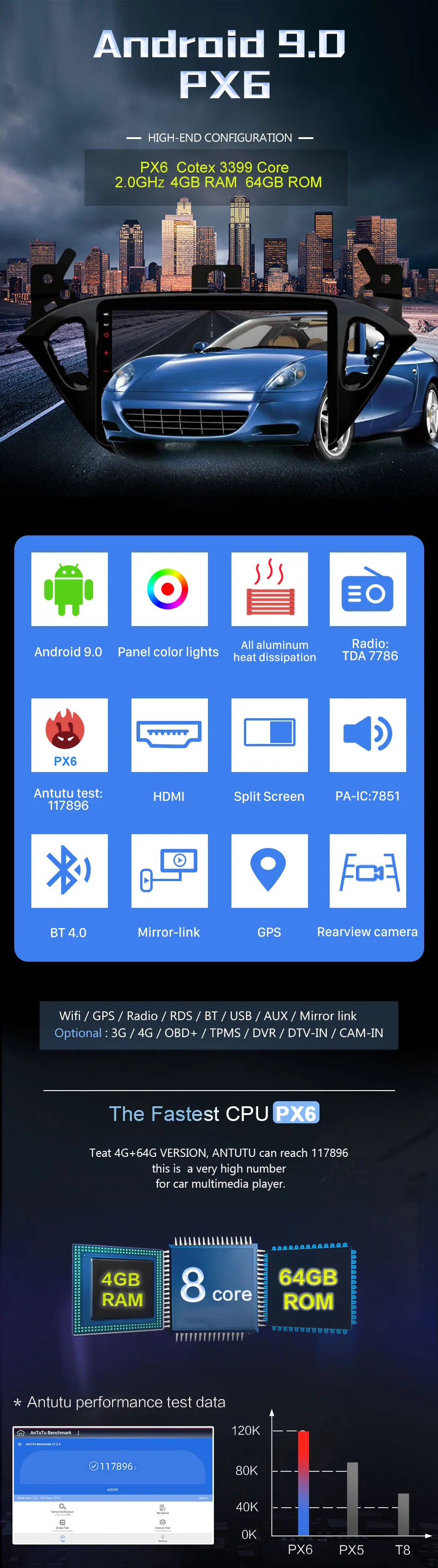 Eunavi 2 din автомагнитола 4G+ 64G android 9,0 для Opel Corsa E gps Navi wifi стерео PX6 2,0 ГГц Авторадио без dvd