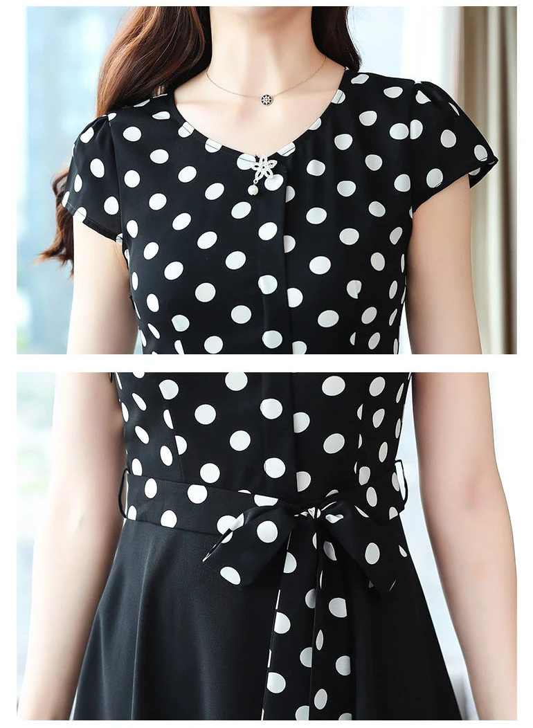 

Dress Women 2020 Summer O-Neck Wave Dot Printing Chiffon Dresses Stitching Mid-length A-line Short-sleeved Vestidos Mujer Z968