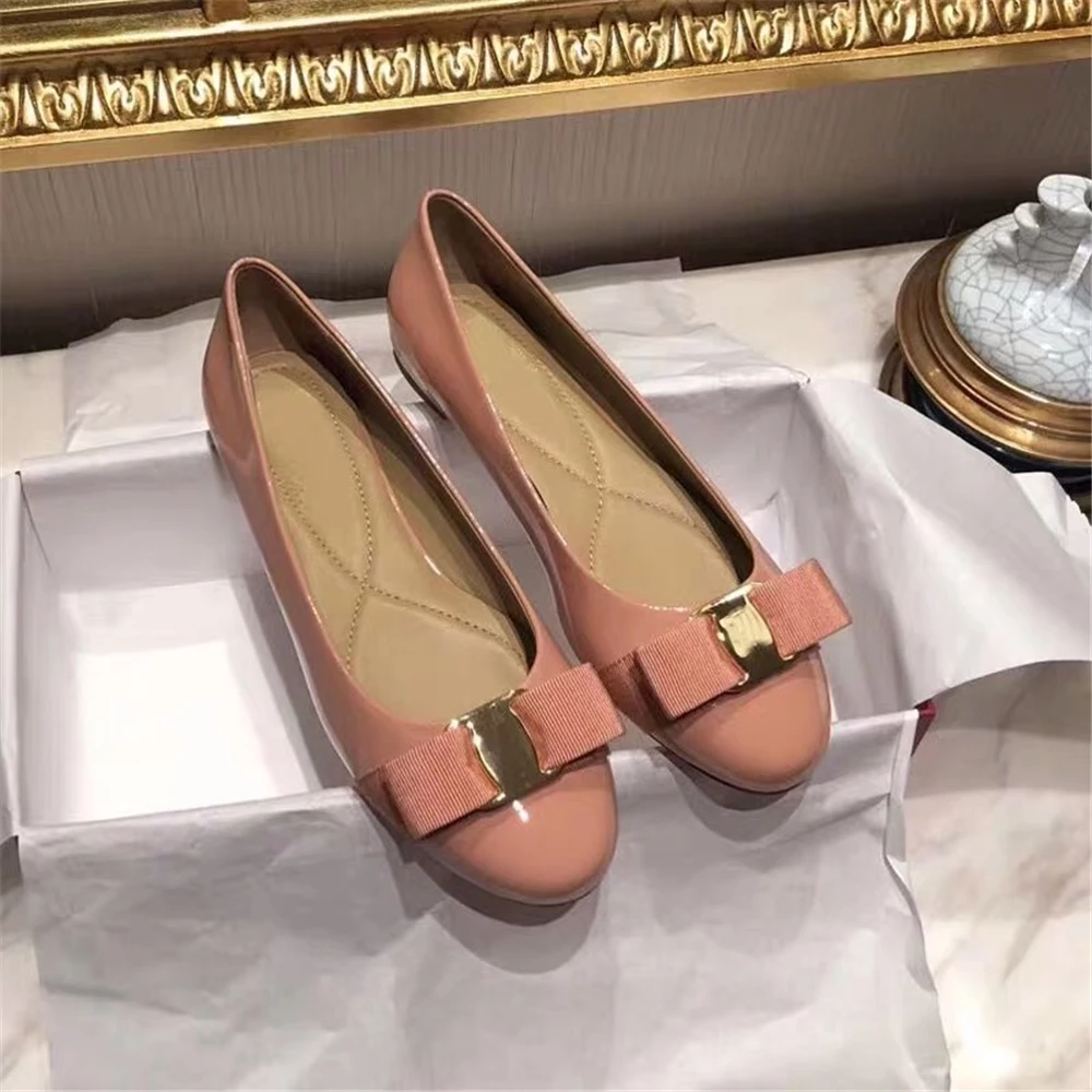 Pink Flats Junetxin/Женская обувь наивысшего качества обувь ручной работы из натуральной кожи на каблуке г., Классическая Брендовая обувь с круглым носком - Цвет: Pink Flats