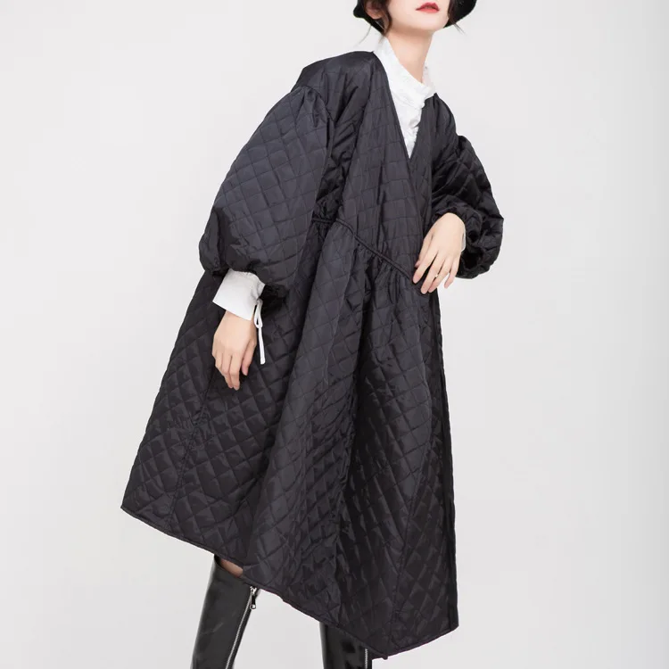 Female new autumn and winter korean style sweet Retro lantern sleeve rhombus embossed long Korean cotton coat