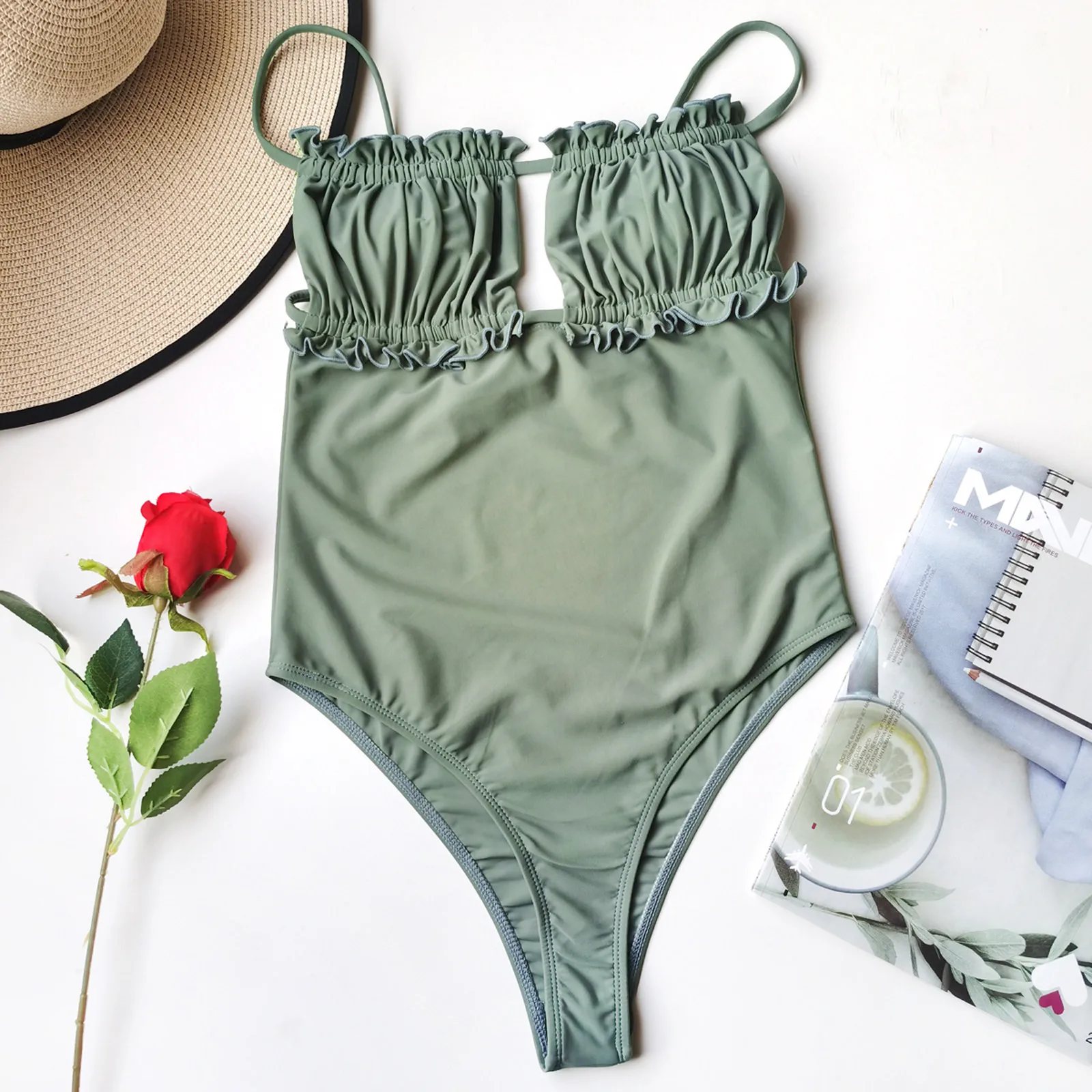 

1PCS Hollow out Bathing Suit Ruffles Push Up Monokini Bikini Red Bandage Swimwear Solid color High waist Swimming Beachwear 2021