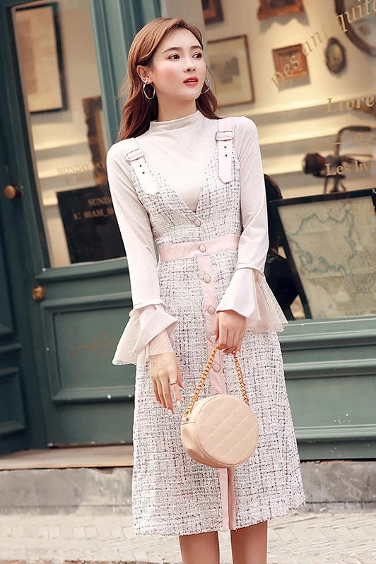 pink dress Осенне-зимний брендовый женский розовый комплект из 2 предметов платье Женский вязаный Топ с расклешенными рукавами+ однобортное клетчатое твидовое платье-комбинезон - Цвет: pink dress