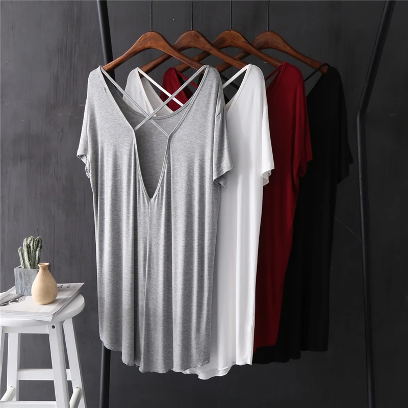 Модальные Женские футболки с открытой спиной 2021 летние новые длинные