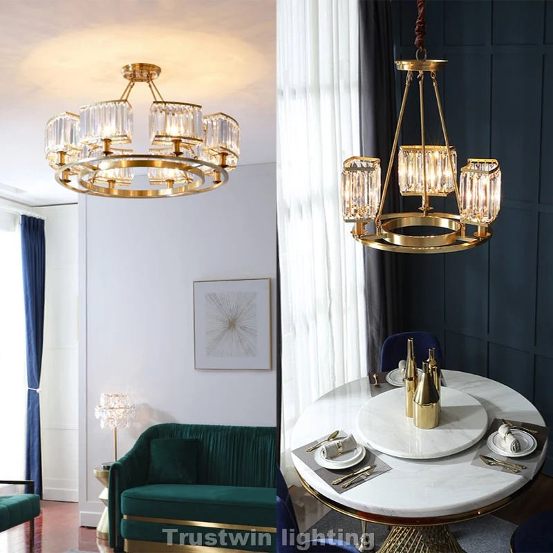 Медный Хрустальный люстра светильник светодиодный круглый фойе столовая