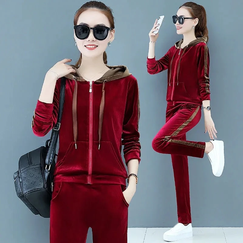 

Casual Mom's Velvet 2 Piece Set Women Tracksuit Spring Autumn Plus Size Fashion Loose Zipper Hooded Sweatshirt Tops + Pants Suit