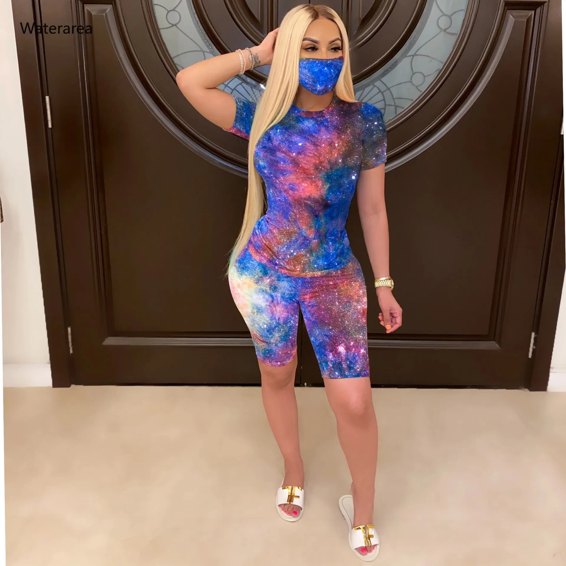 Женский спортивный костюм с принтом Galaxy Tie Dye черный топ в виде дыр маска и шорты
