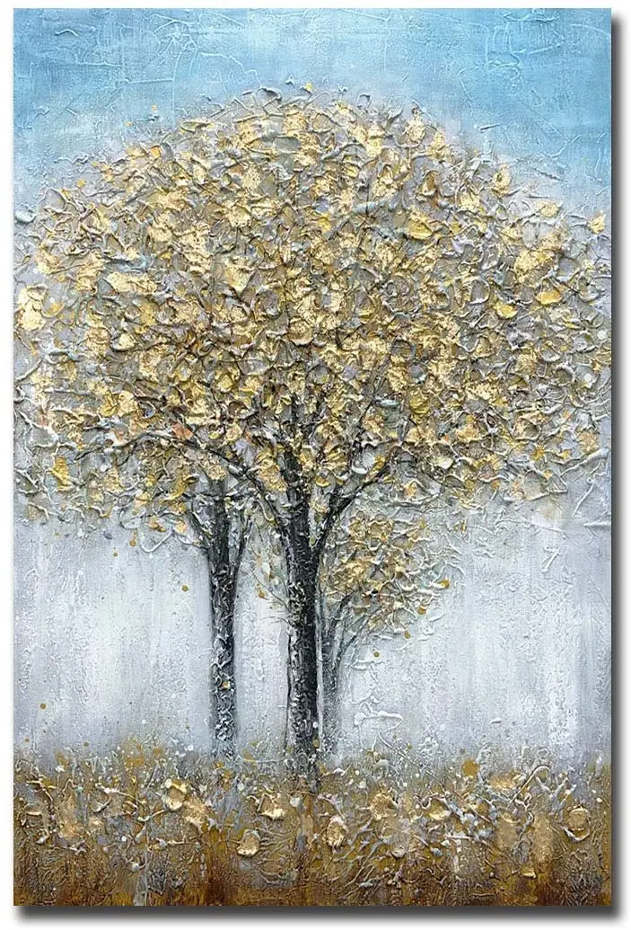 

Hand Paintings, Golden Lucky Tree Texture oil painting in Blue Abstract Wall Art Home Decoration Stretched and No Framed