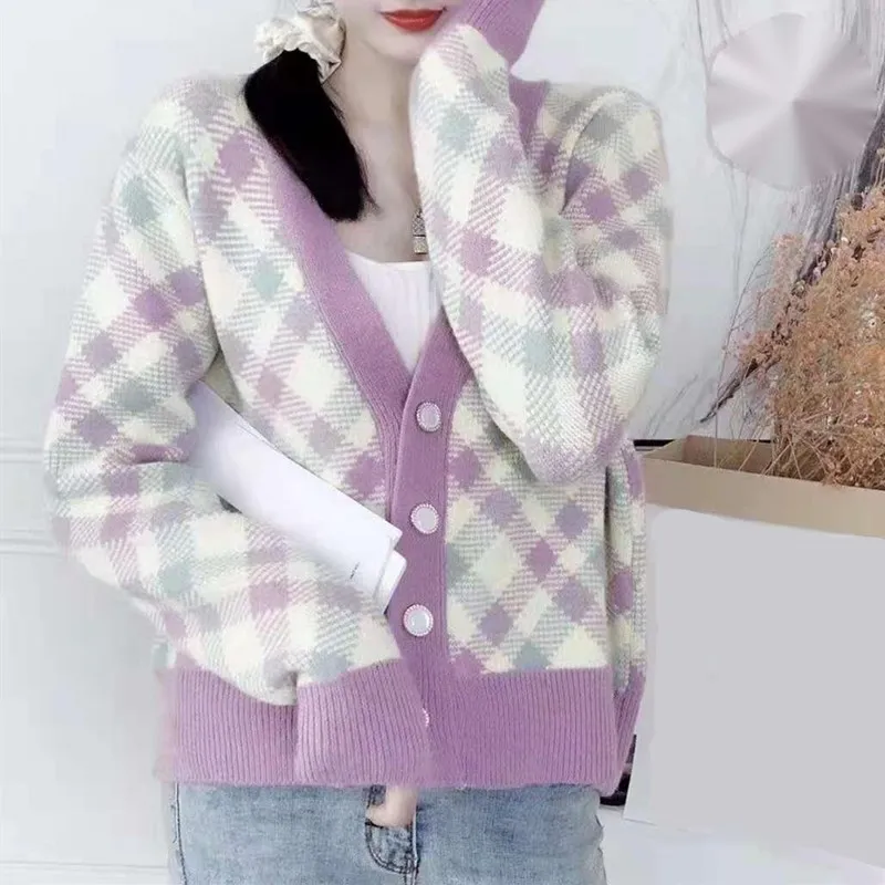 

Зимние женские вязаные свитера с V-образным вырезом, короткий Стильный кардиган с узором ромбиками, топы, женские повседневные корейские од...