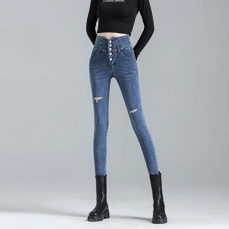 

High Waist Breasted Skinny Jeans For Women 2021 Ripped Holes Stretch Slim Fall Denim Pencil Pants Black Plus Size Trousers P211