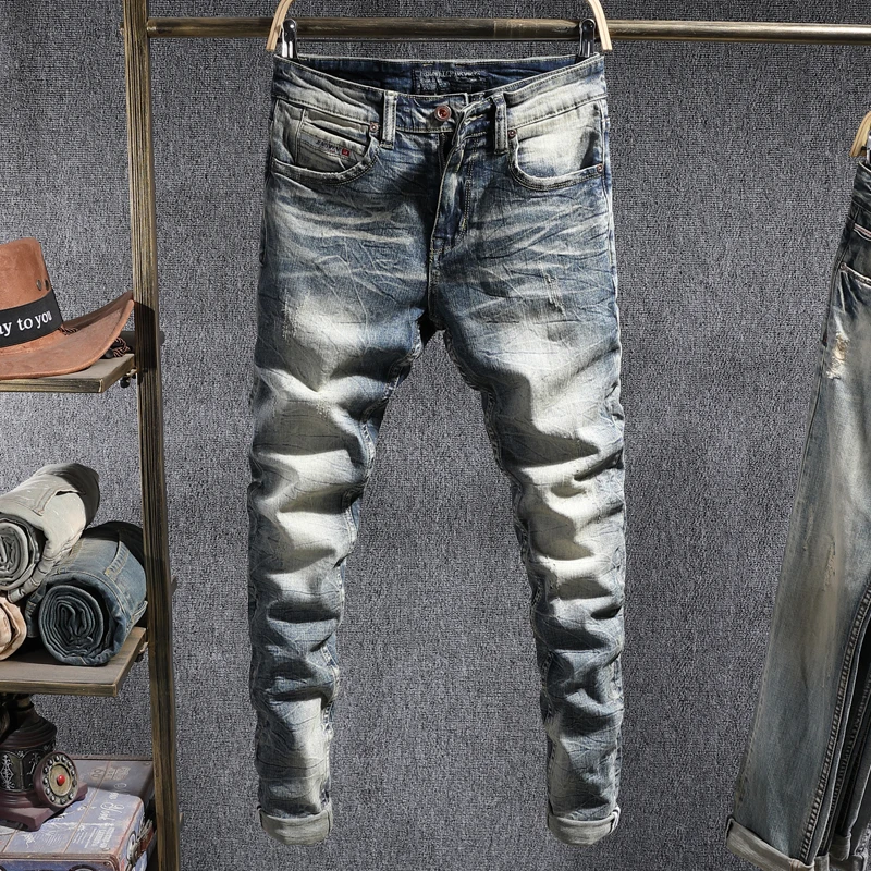 

Italian Style Fashion Men Jeans Retro Distressed Washed Slim Ripped Jeans Men European Vintage Casual Elastic Cotton Denim Pants