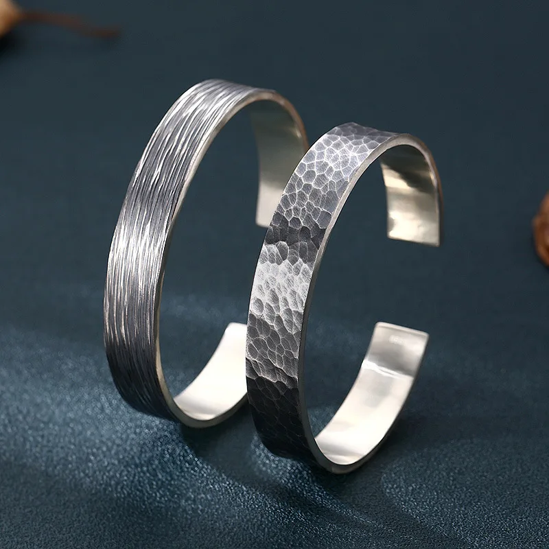 

S925 Sterling Silver Bracelets For Men's Hammered Pattern Wristband Thail Silver Bangle Pulseira Gift Wedding Fine Circlet